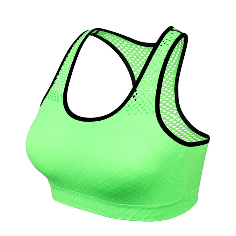 Bright green seamless yoga top with mesh design for women, ideal for workouts. Quick dry and breathable fabric. Model SF0032.